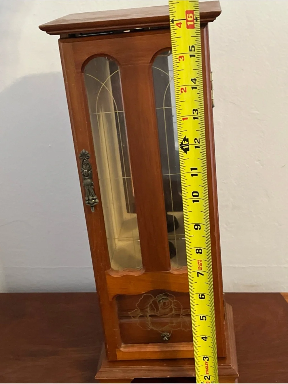Vintage Tall Wooden Jewelry Armoire with Glass Front and Rose Detail